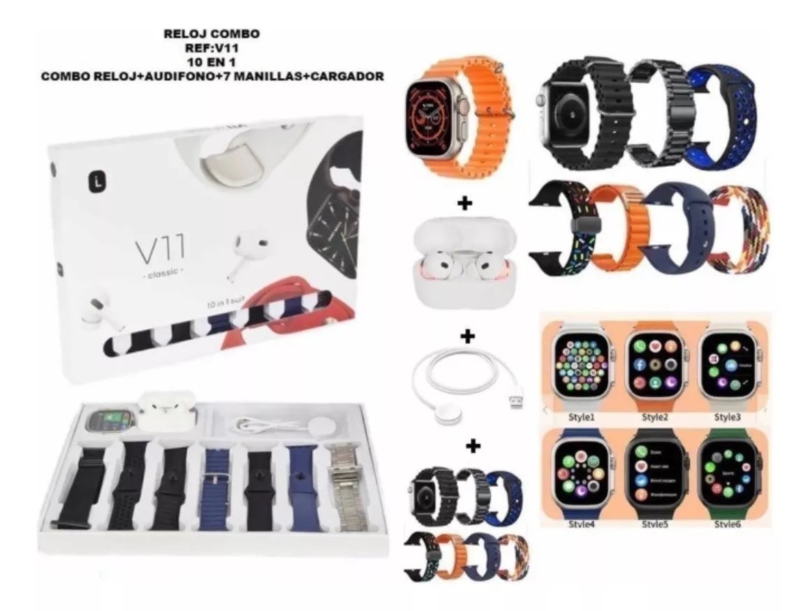 Combo Reloj Inteligente Audifonos Pulsos V11 Classic 10 En 1