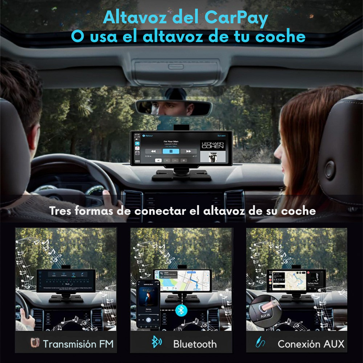 Pantalla Carplay/Andrioid Auto Portátil  Inalámbrico con cámara Frontal y trasera
