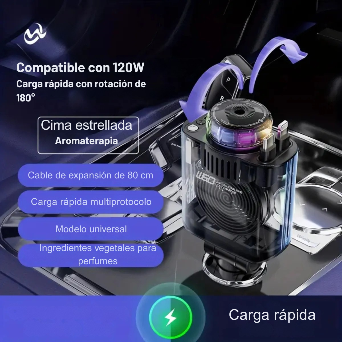 Cargador De Carro Carga Rápida + Humificador (ambientador)+ Proyector (luces Led)