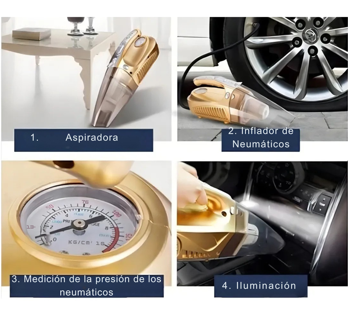 Aspiradora De Carro 4 En 1 Integrado Linterna Y Compresor