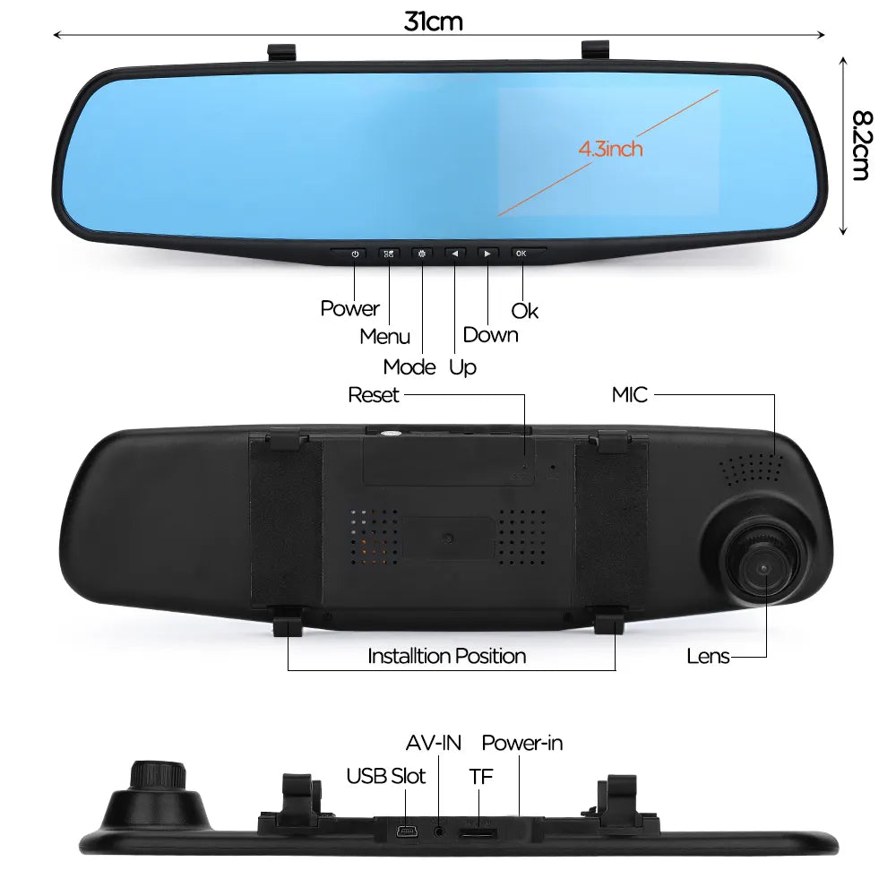 Espejo Retrovisor Doble Cámara Pantalla 4.3'' Full HD Carro