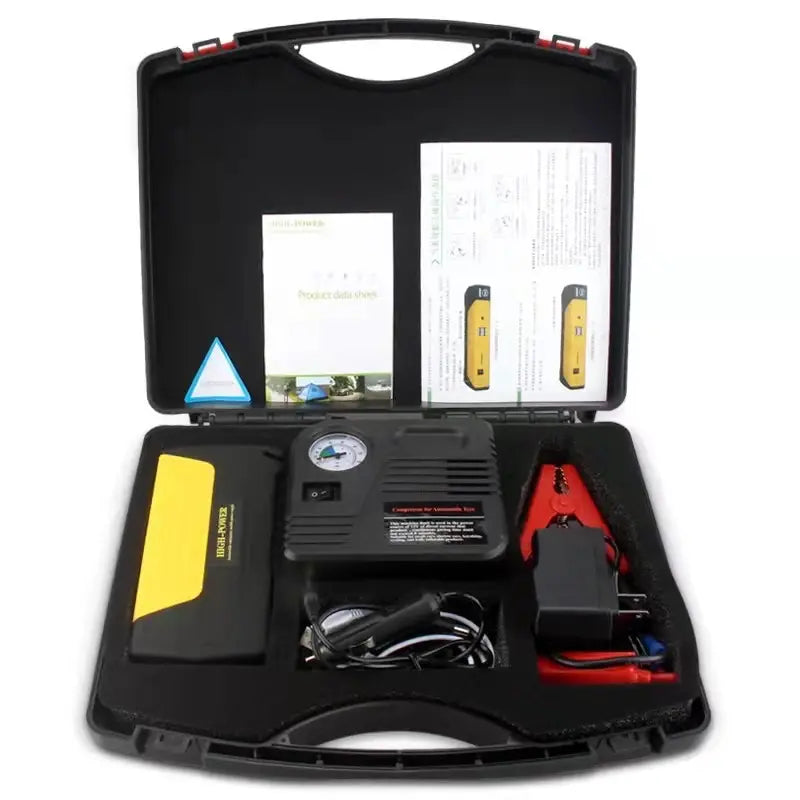 Batería de Emergencia con Compresor de Aire para Auto y Moto – Seguridad y Versatilidad en el Camino