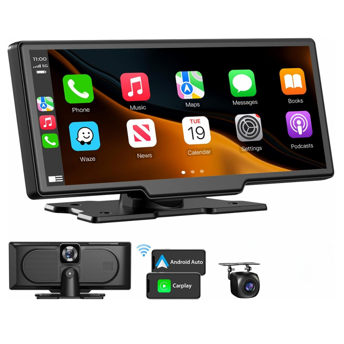 Pantalla Carplay/Andrioid Auto Portátil  Inalámbrico con cámara Frontal y trasera