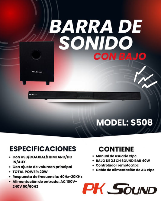 Barra De Sonido Con Subwoofer Pk Sound Bluetooth Hdmi con Control Remoto 110v 40hz