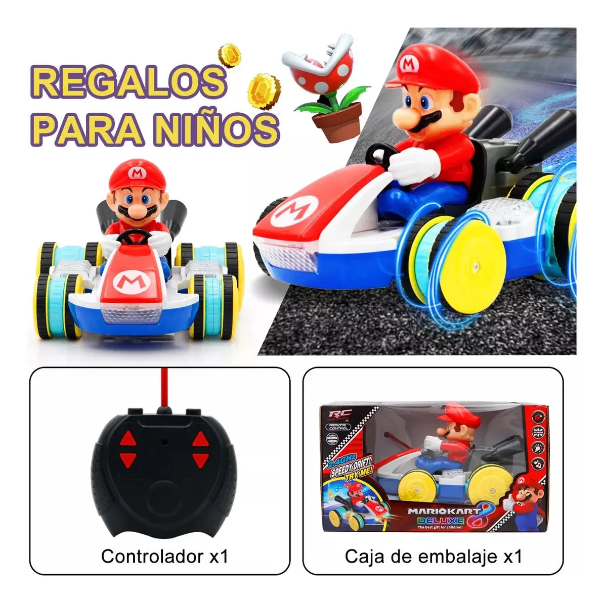 Carro Control Remoto Mario Bros Kart + 4 Pilas AA Recargables con cargador
