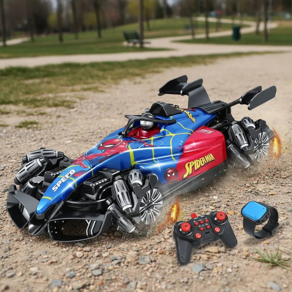 Carro a Control Remoto Hot Wheels Hombre Araña (Spiderman) Con Sensor De Mano Luces Led Y Humo
