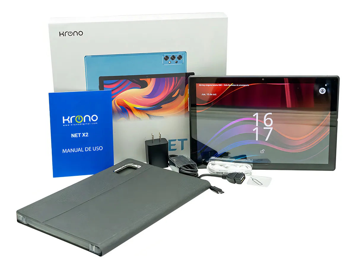 Tablet Krono Net X2 con Android 15, Pantalla 10 Pulgadas HD, 8gb Ram + 64gb + forro Azul y Gris