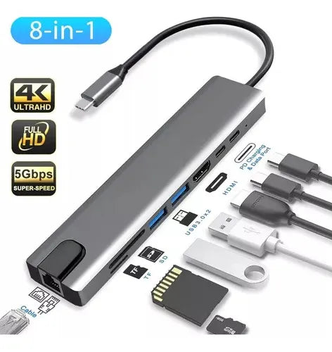 Hub Adaptador USB 8 en 1 Tipo C  Multipuerto HDMI Rj45 Ethernet Data