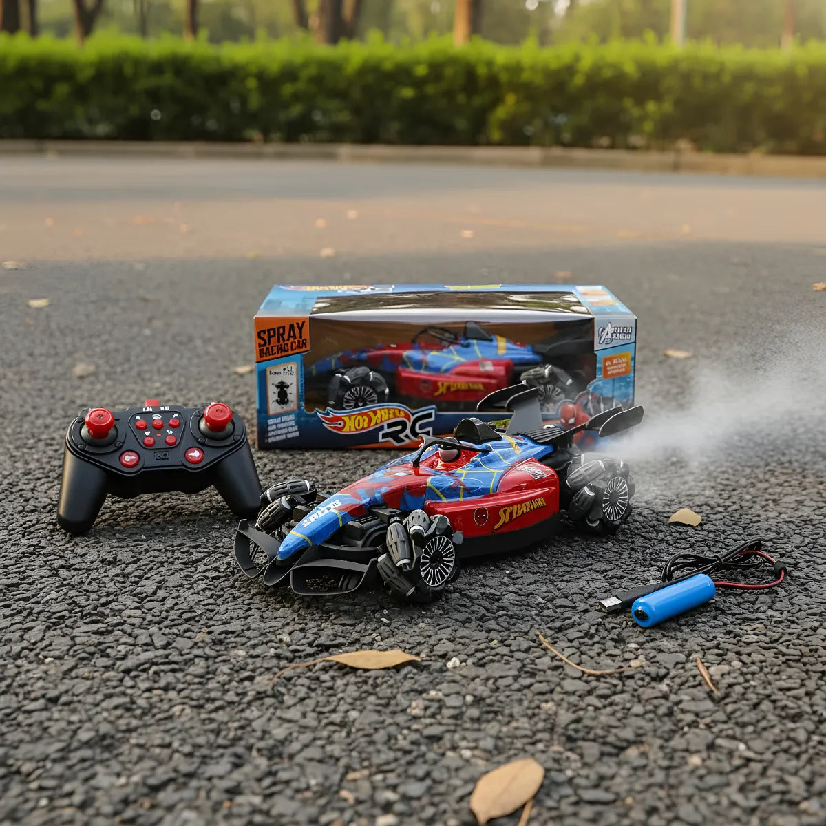 Carro a Control Remoto Hot Wheels Hombre Araña (Spiderman) Con Sensor De Mano Luces Led Y Humo