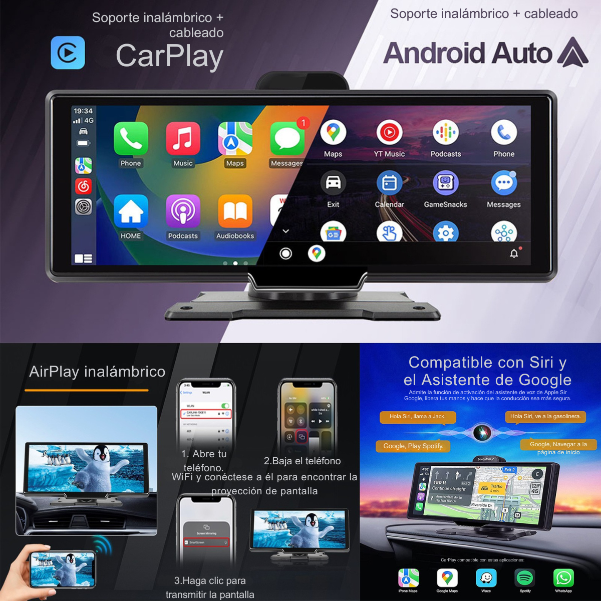 Pantalla Carplay/Andrioid Auto Portátil  Inalámbrico con cámara Frontal y trasera