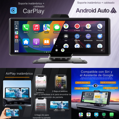 Pantalla Carplay/Andrioid Auto Portátil  Inalámbrico con cámara Frontal y trasera