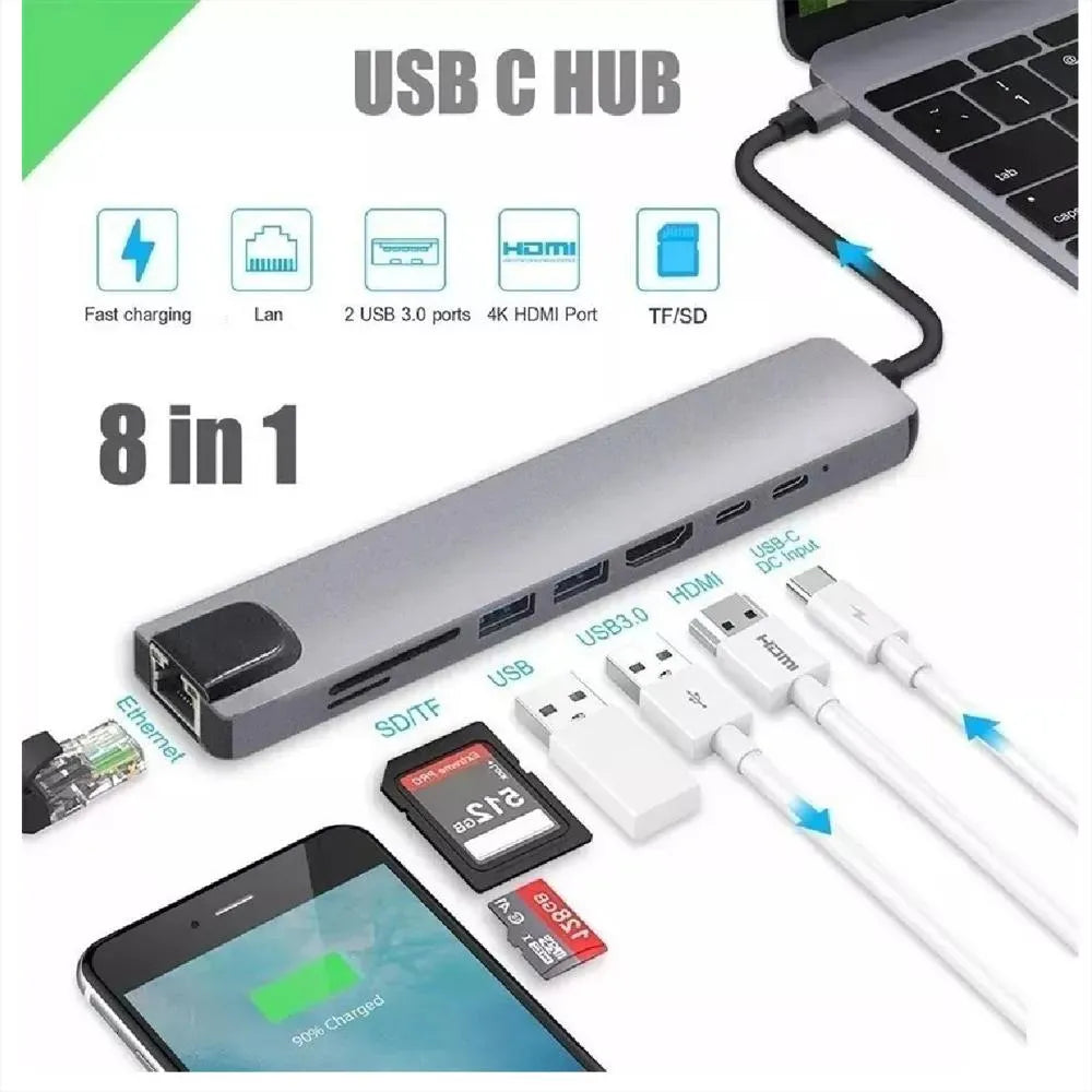 Hub Adaptador USB 8 en 1 Tipo C  Multipuerto HDMI Rj45 Ethernet Data