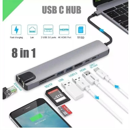 Hub Adaptador USB 8 en 1 Tipo C  Multipuerto HDMI Rj45 Ethernet Data
