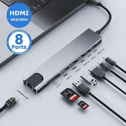 Hub Adaptador USB 8 en 1 Tipo C  Multipuerto HDMI Rj45 Ethernet Data