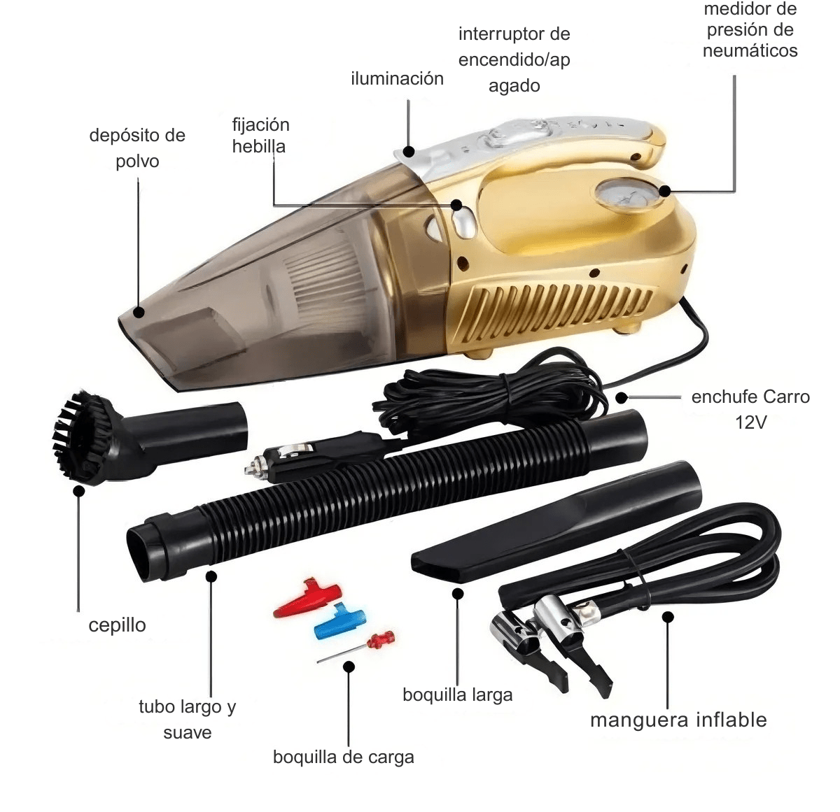 Aspiradora De Carro 4 En 1 Integrado Linterna Y Compresor - Camva Store